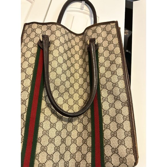 Vintage Gucci Monogram Green Red Tote Hand Bag - Picture 3 of 6